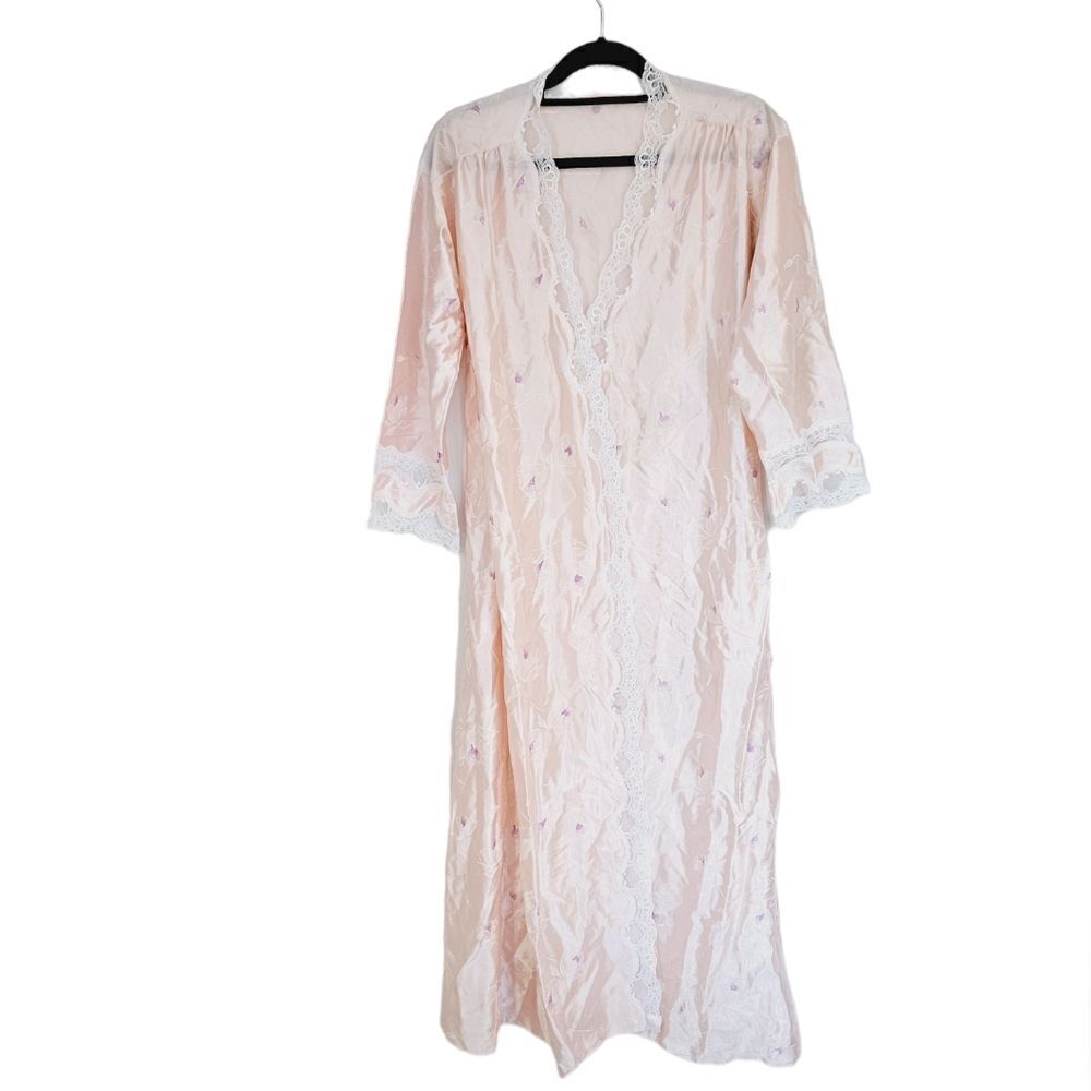 Vintage '70s Tom Bezduda for Barad & Co Floral Pink Lace Trim ILGWU House Coat S
